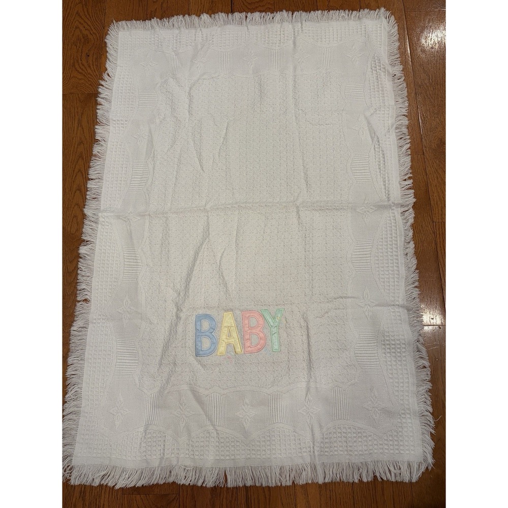 Vintage Bright Future Baby Blanket White Waffle Thermal Satin BABY Pastel Fringe